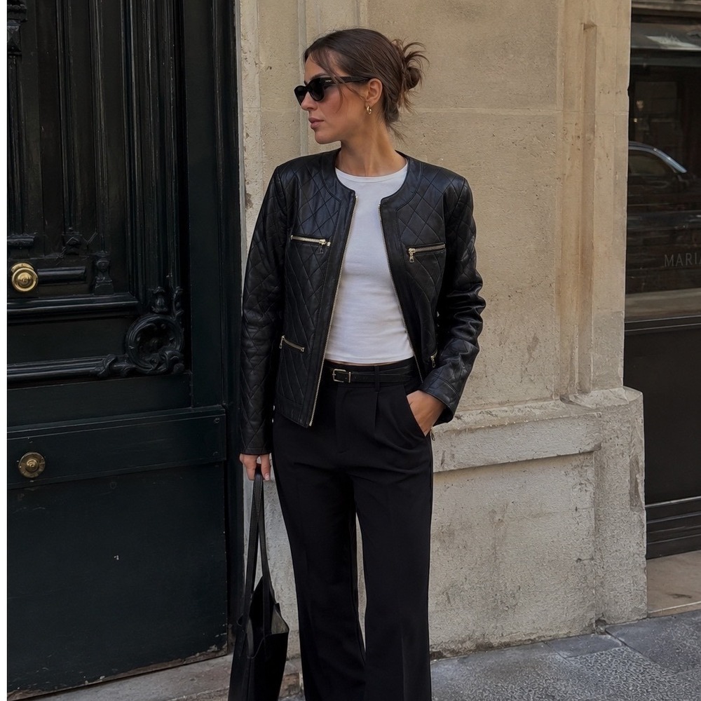 Ann Taylor Soft Genuine Leather Quilted Moto Jacket Black S  90 Minimalist CBK